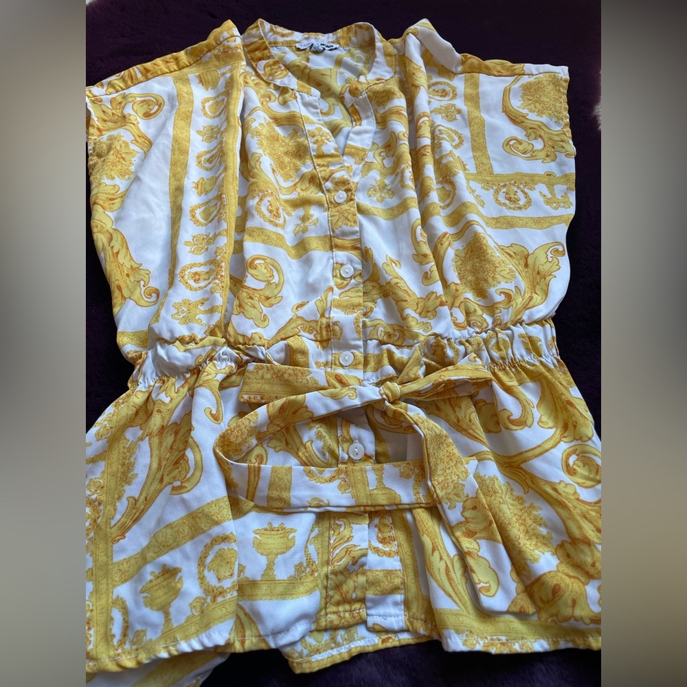 White & gold Luxury Patterned Button-Up Blouse